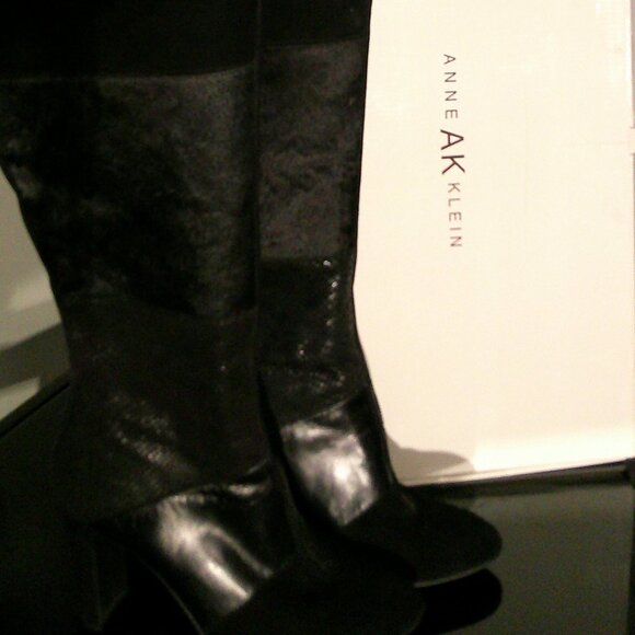 Anne Klein Black Leather & Suede Knee High Boots 3" Heel Size 9 - Picture 3 of 5